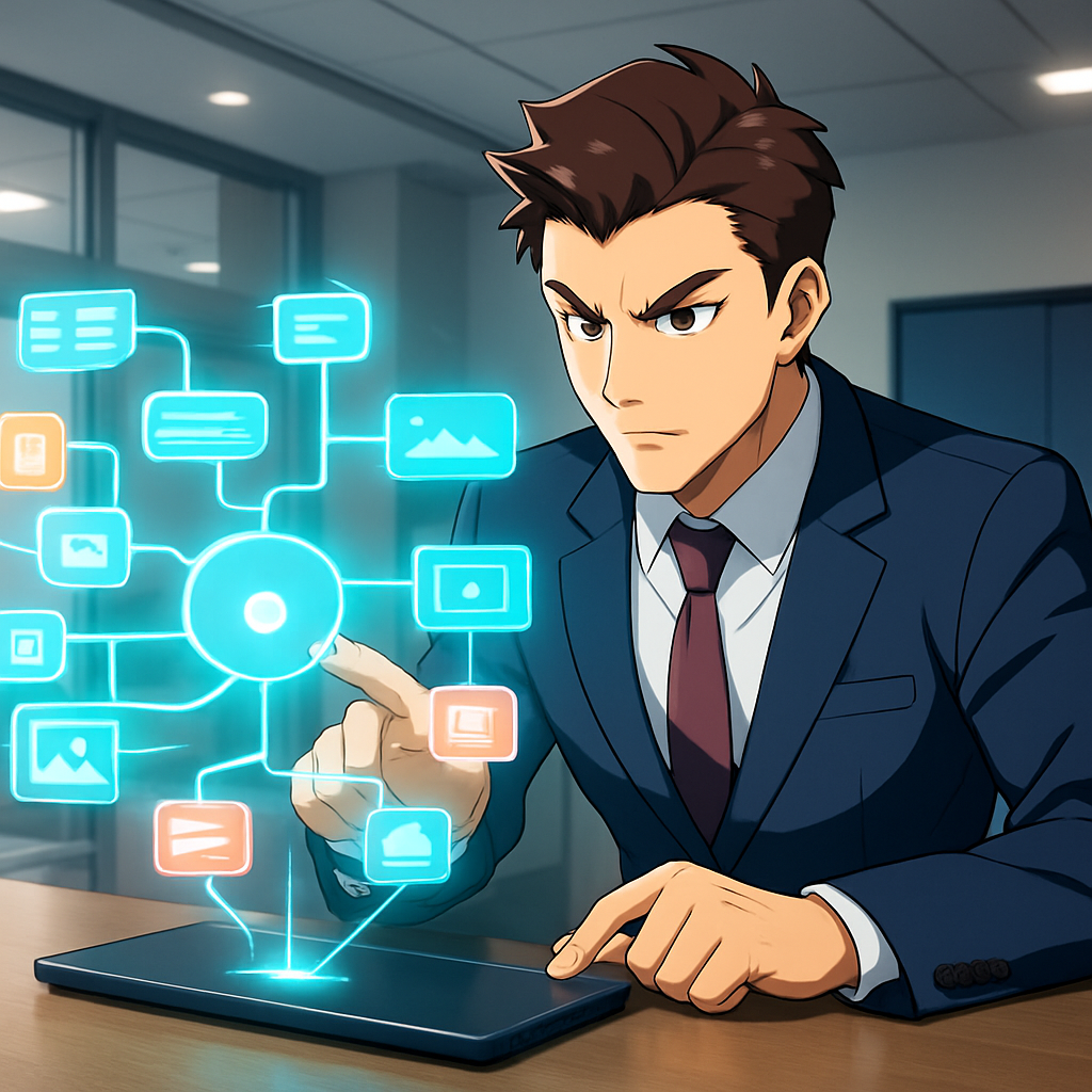 Een anime-stijl projectmanager die een interactieve, holografische mindmap bedient, met ingesloten documenten en multimedia, in een geavanceerde kantooromgeving.