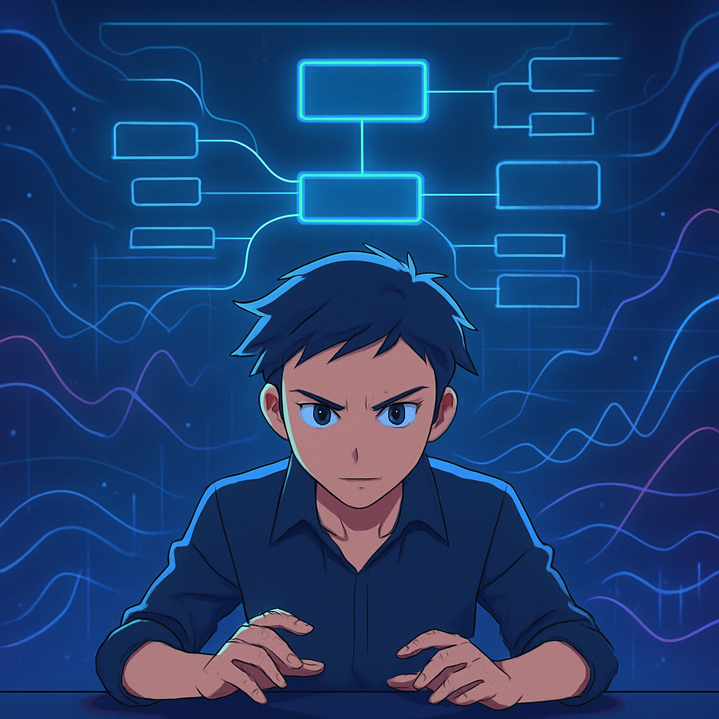 Een anime-personage analyseert een complexe, gloeiende mindmap op een scherm, omringd door abstracte data. De afbeelding straalt focus en strategische planning uit.