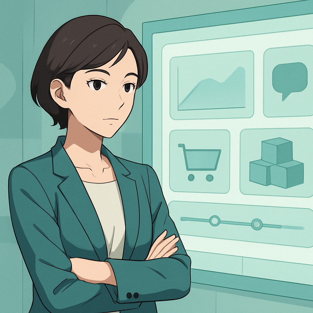 Een anime-stijl afbeelding van een vrouw die zelfverzekerd naar een digitaal dashboard kijkt, dat de kernmodules van Navision ERP zoals financiën, verkoop, inkoop, voorraad en projectbeheer op een geordende wijze toont.