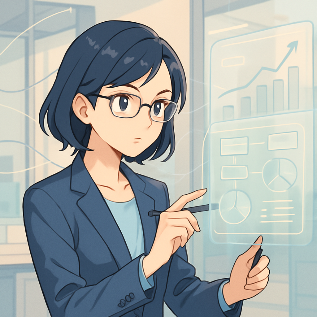 Een anime-stijl afbeelding van een jonge professional die strategisch een digitaal dashboard beheert, omringd door dataflow-visualisaties, symboliserend de implementatie en optimalisatie van een ERP-systeem voor bedrijfsgroei.