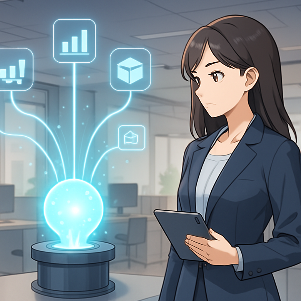 Anime-stijl illustratie van een georganiseerd digitaal systeem, waarbij verschillende bedrijfsdata samenkomen in een heldere, centrale hub. Een professional kijkt toe met een blik van tevredenheid en overzicht.