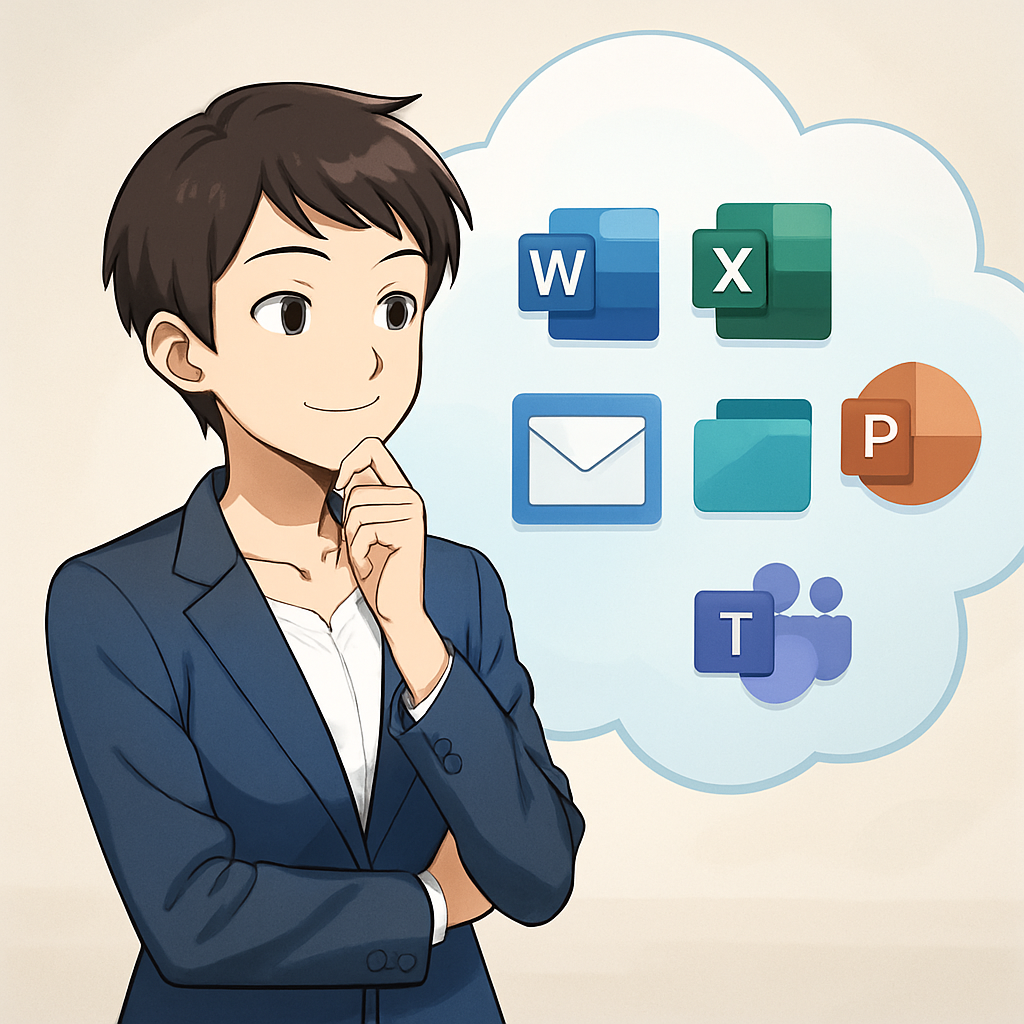 Een anime-personage, een jonge vrouw, die naar een digitaal dashboard kijkt met pictogrammen van webversies van Word, Excel, PowerPoint, e-mail, SharePoint en Teams. Het beeld symboliseert budgetvriendelijke cloudproductiviteit en slimme technologische keuzes.