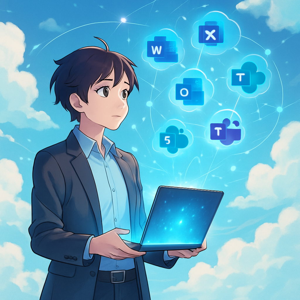 Een anime-stijl illustratie van een professioneel gekleed persoon in een lichte, wolkachtige omgeving die een geopende, lichtgevende digitale gereedschapskist vasthoudt. Uit de kist komen holografische pictogrammen van Office-applicaties en datastromen, wat de online toegang en samenwerking symboliseert.