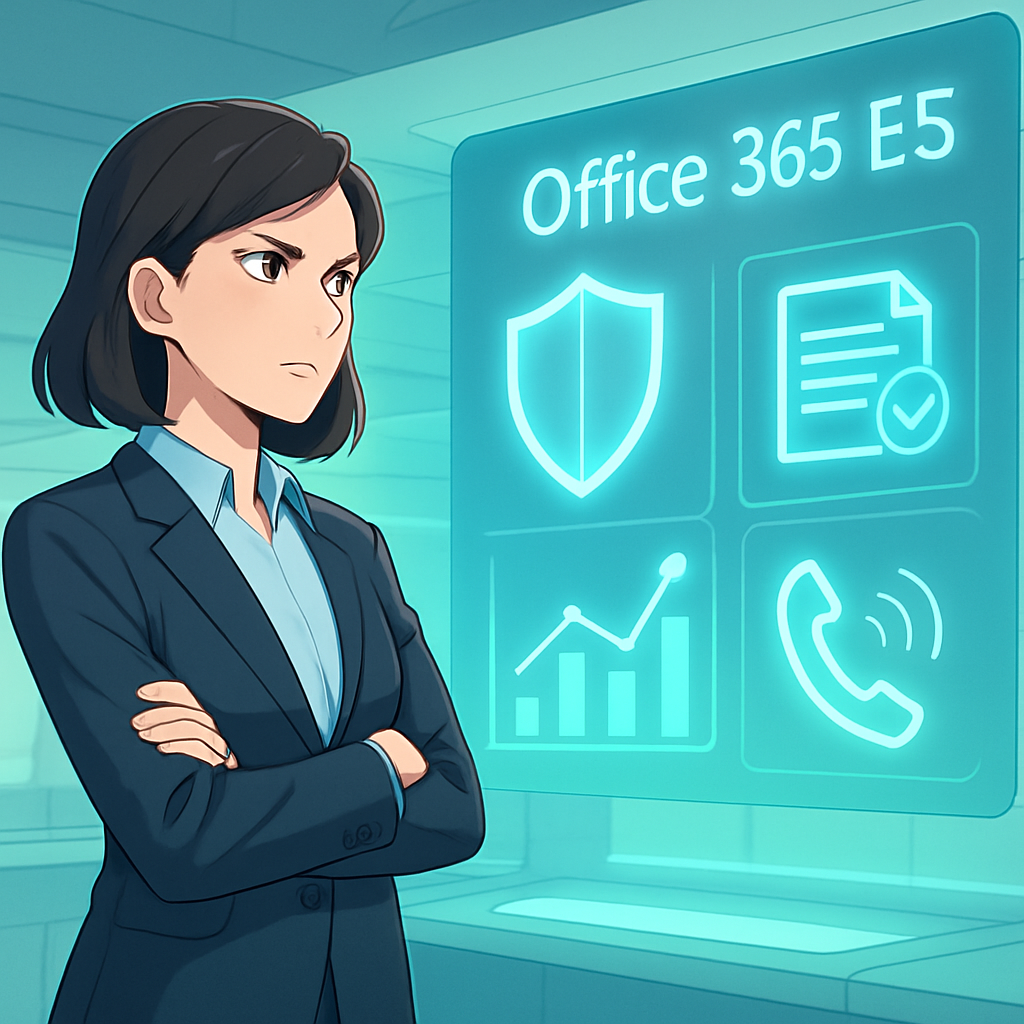 Een anime-stijl illustratie van een zakenvrouw die met vertrouwen voor een holografisch scherm staat, dat iconen van geavanceerde beveiligde communicatie, data-analyse en naleving van regelgeving toont, wat de uitgebreide mogelijkheden van Office 365 E5 symboliseert.