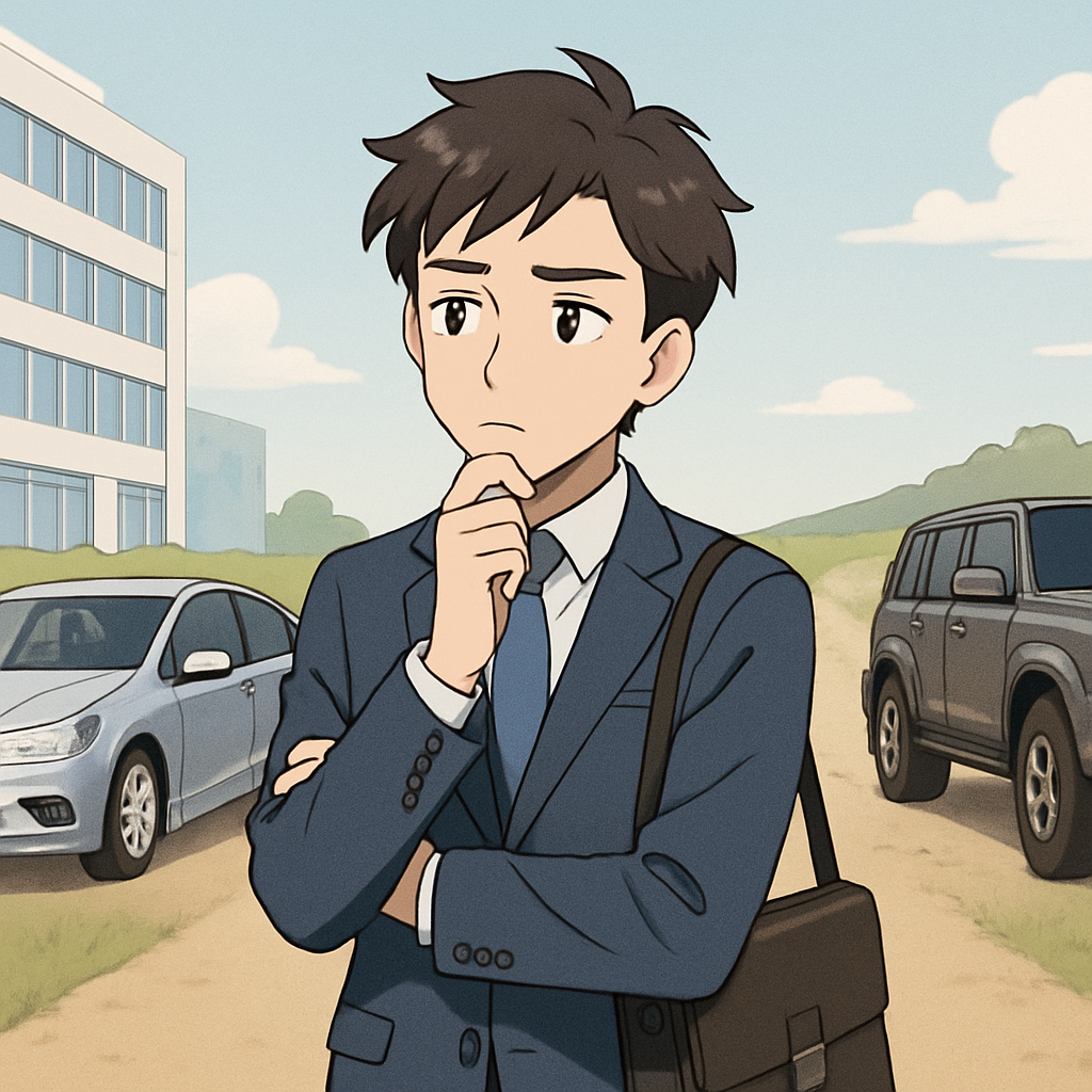 Een anime-stijl illustratie van een persoon die voor twee paden staat, elk met een ander voertuig: een compacte stadsauto en een robuuste terreinwagen, symboliserend de keuze tussen Office 365 E1 en hogere abonnementen.