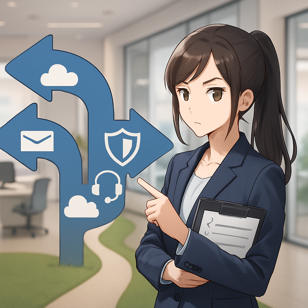 Een anime illustratie van een zakenvrouw die een weloverwogen beslissing neemt tussen twee Office 365-oplossingen, E1 en E5, met visuele hints naar hun functionaliteiten.