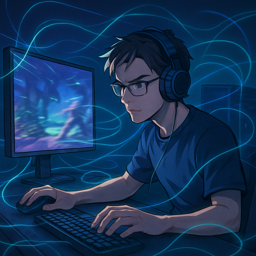 Een anime-stijl illustratie van een geconcentreerde gamer achter een pc-setup, omringd door lichtpaden die de onzichtbare datastroom van de 'testlink' symboliseren.