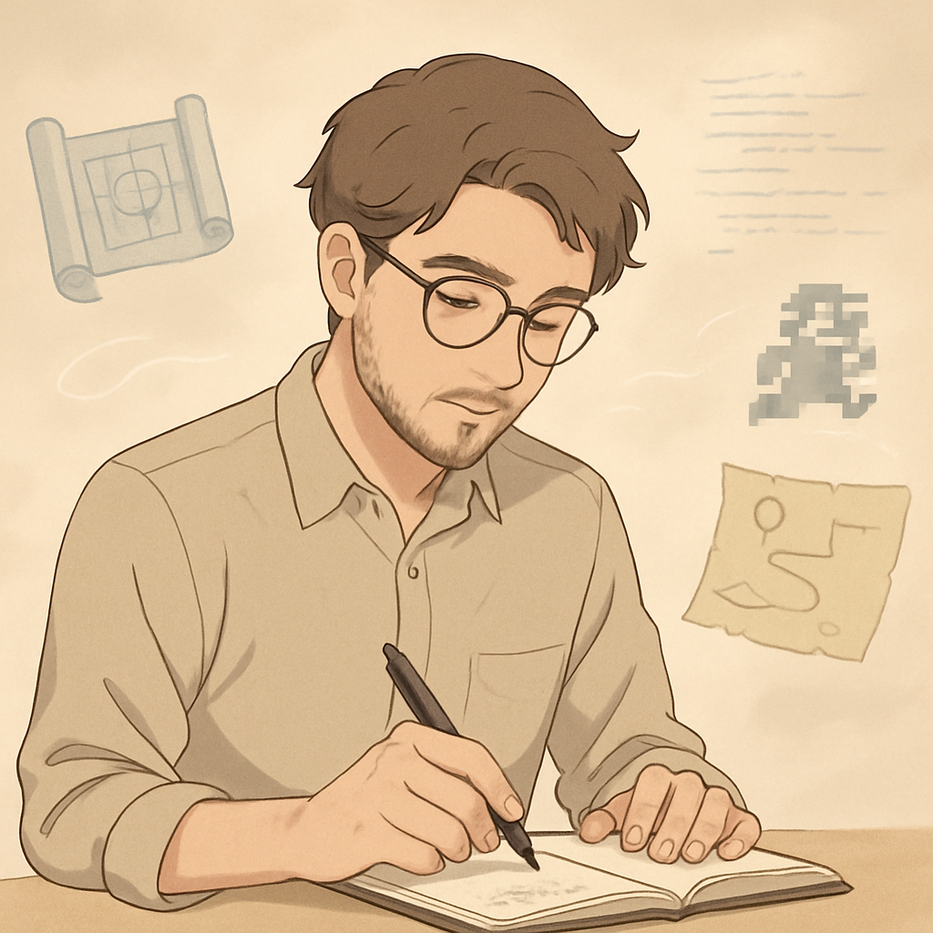 Een anime-illustratie van een man die rustig schetst in een notitieboek. Rondom hem zweven symbolen van projectplanning: een blauwdruk, lijnen code, een routekaart en een pixelart gamekarakter. De man heeft een bedachtzame uitdrukking.