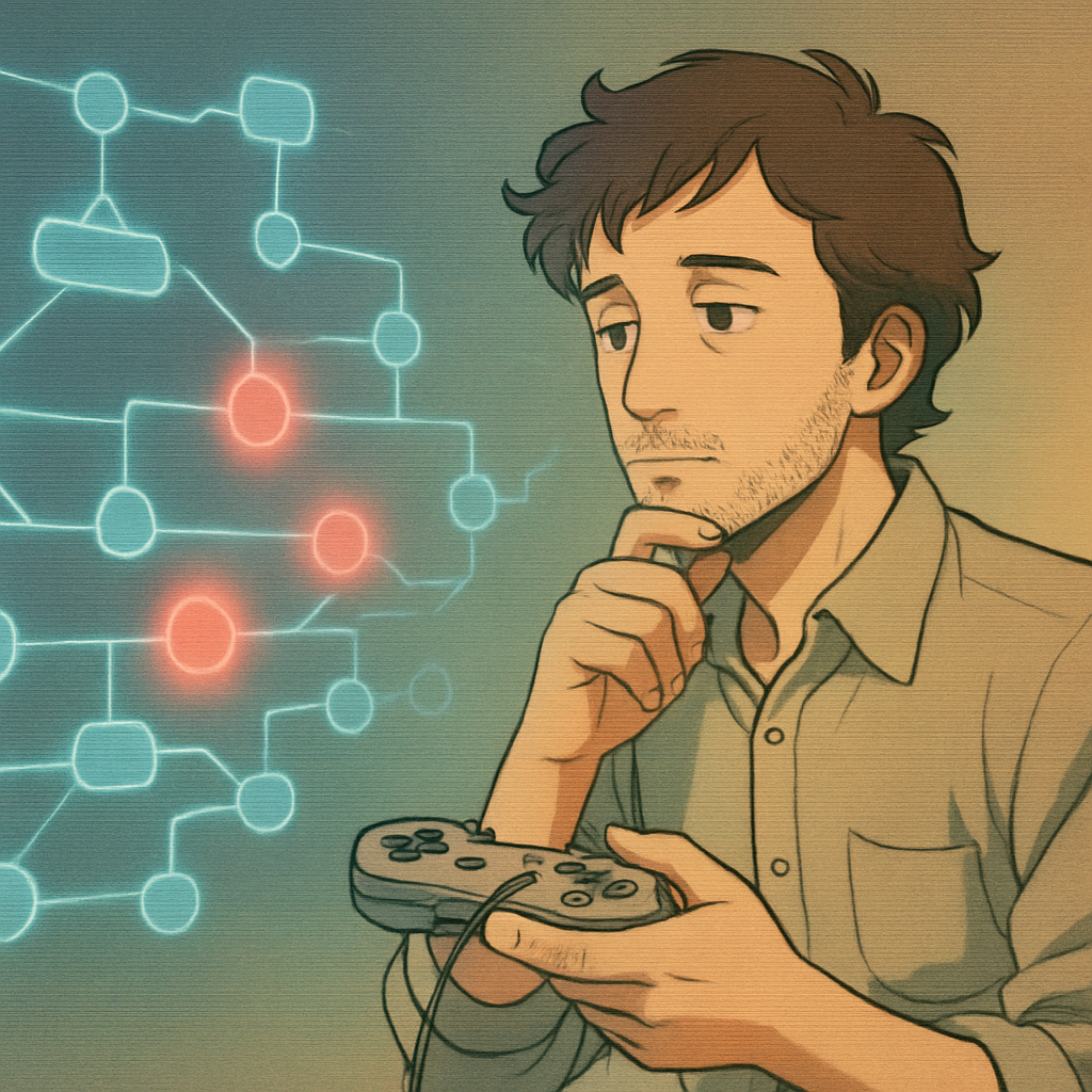 Een anime-stijl man met een retro gamecontroller kijkt naar een zwevende, interactieve projecttijdlijn, waarbij hij knelpunten en risico's analyseert.