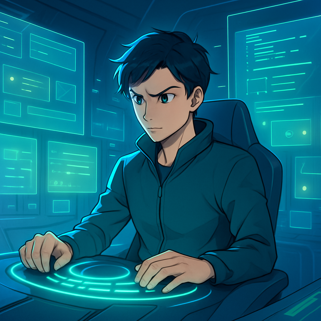 Een anime-stijl afbeelding van een geconcentreerde persoon in een futuristische cockpit, omringd door holografische schermen die testdata en code tonen. De persoon bedient een controlepaneel dat precieze input en 'force feedback' symboliseert, met de schermen die een breed 'field of view' van de applicatie representeren.