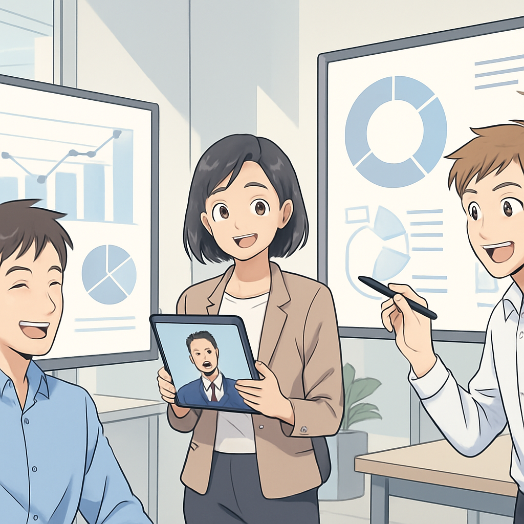 Een anime-stijl afbeelding toont drie lachende mensen die naadloos samenwerken in een modern kantoor. Eén persoon kijkt naar een groot scherm met duidelijke, gevisualiseerde data, terwijl een ander een videogesprek voert op een tablet. De derde persoon wijst naar een scherm, wat de integratie van communicatie en data-analyse benadrukt.