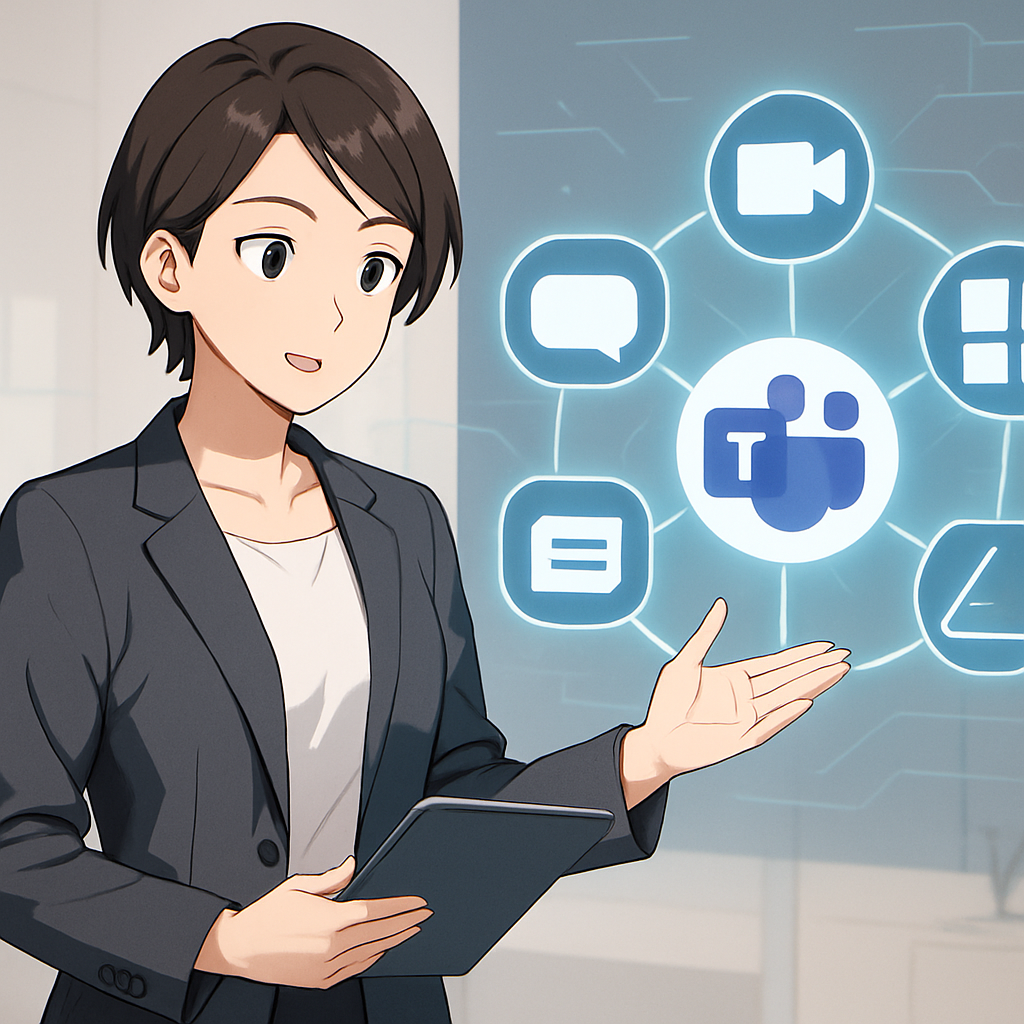 Een anime-illustratie van een professionele vrouw die voor een holografische weergave van Microsoft Teams staat, waarin chat-, video- en documentpictogrammen samenkomen. Ze wijst ernaar en houdt een tablet vast.