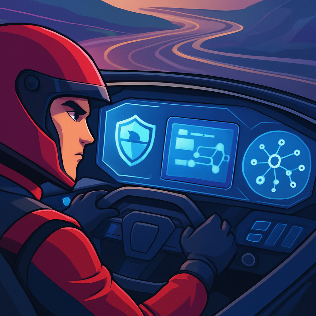 Anime-stijl afbeelding van een futuristische digitale cockpit, met een coureur aan het stuur. Het dashboard visualiseert dataveiligheid en netwerkschaalbaarheid, met een vaag racecircuit op de achtergrond.