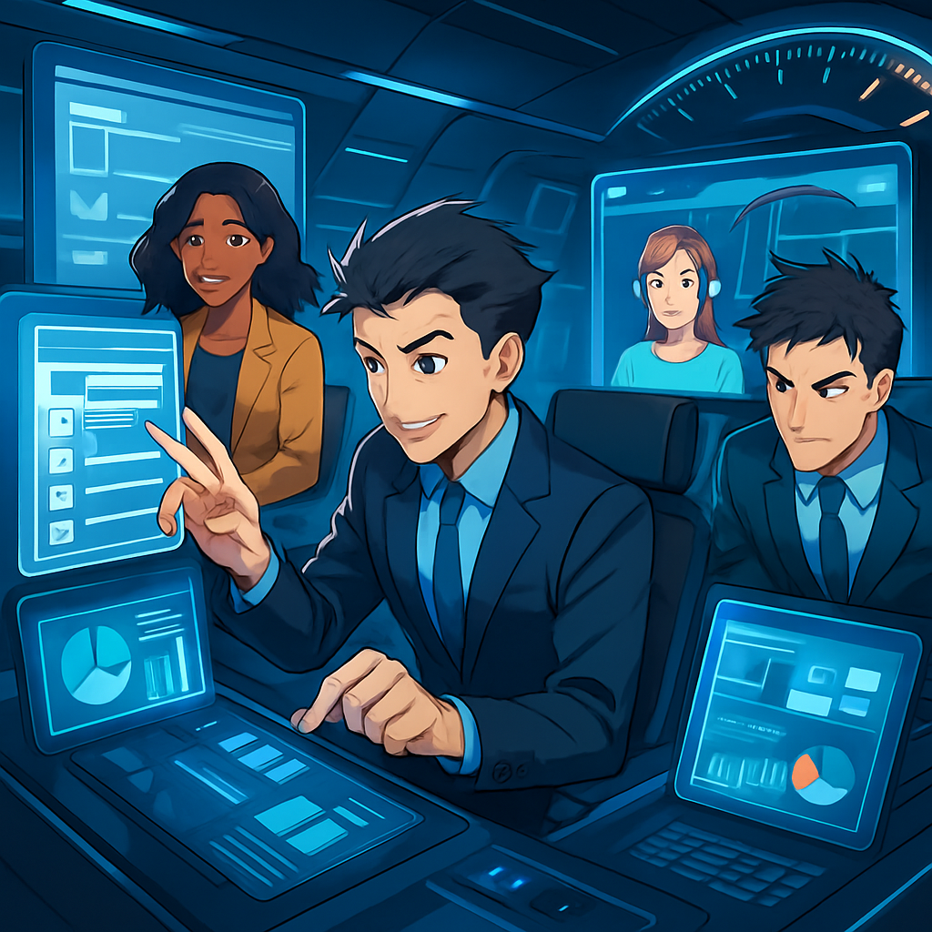 Een anime-illustratie van een team dat samenwerkt in een geavanceerde digitale cockpit, omringd door holografische schermen met geïntegreerde bedrijfsapps zoals documenten, taken en data, wat een efficiënte en competitieve workflow symboliseert.