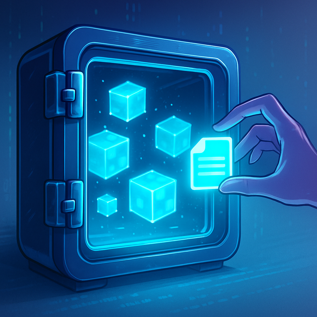 Anime stijl illustratie van een glimmende, futuristische digitale kluis waaruit een hand een lichtgevend digitaal document haalt. Binnenin zweven meer lichtgevende blokjes die virtuele machine snapshots voorstellen.