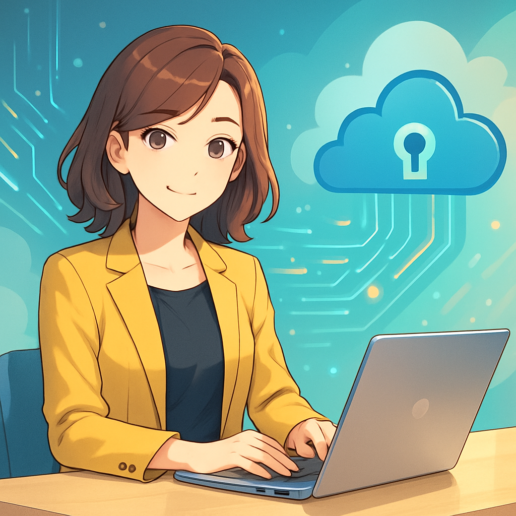 Een anime-stijl afbeelding van een lachende jonge vrouw die aan een bureau zit, omringd door kalme, abstracte digitale datastromen die naar een cloudpictogram leiden, wat veilige data en gemoedsrust symboliseert.