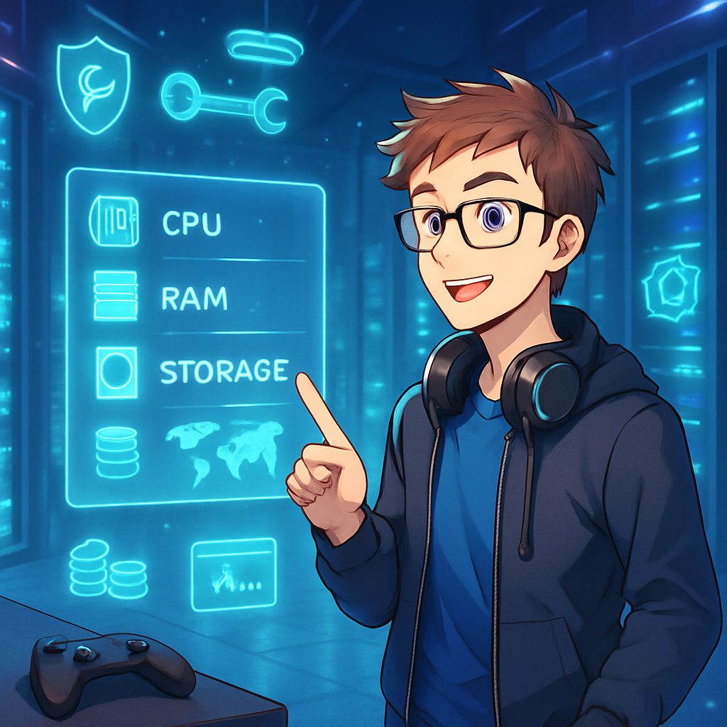 Een anime-stijl afbeelding van een enthousiaste expert die wijst naar een holografisch scherm met VPS cloud configuratieopties, omringd door futuristische serverracks, wat de strategische keuze en het beheer van VPS cloud hosting symboliseert.