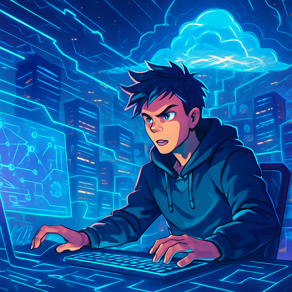 Anime-illustratie van een persoon die een digitale console bedient, met op de achtergrond een gloeiend, onderling verbonden netwerk van servers in de cloud.