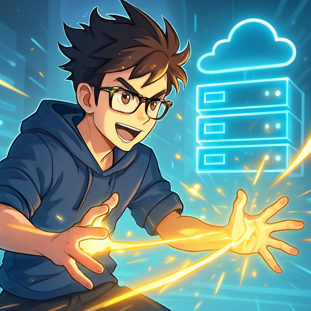 Een anime-stijl mannelijke figuur met een enthousiaste uitstraling, die een holografische cloudserver bedient te midden van snel bewegende digitale lichtstromen, wat controle, snelheid en innovatie symboliseert.