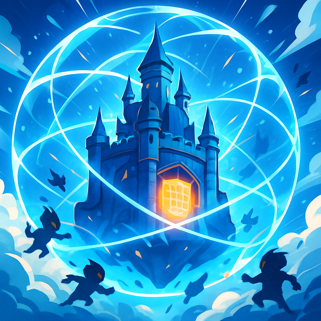 Anime-stijl afbeelding van een futuristisch, digitaal kasteel dat zweeft in de wolken, omringd door energiekoepels die kleine bedreigingen afweren, symboliserend de beveiliging van data met VPS cloud.