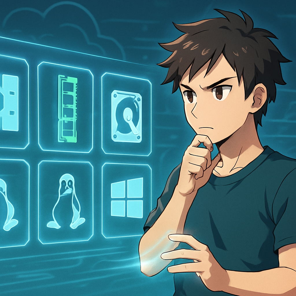 Een jonge man in anime-stijl kijkt geconcentreerd naar een futuristisch, holografisch scherm waarop verschillende opties voor serverresources en besturingssystemen worden weergegeven, alsof hij een belangrijke game-loadout kiest.