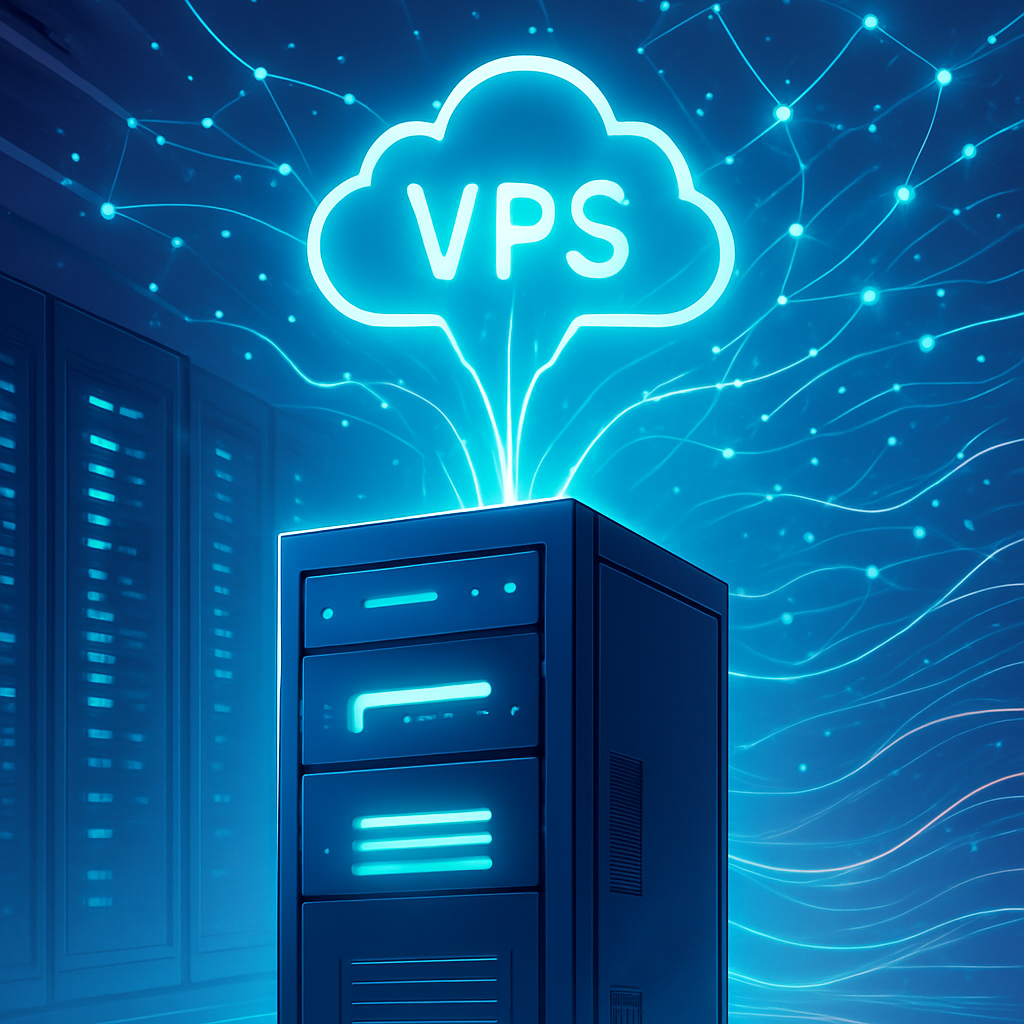 Een anime-stijl afbeelding van een krachtige, dedicated virtuele server (VPS) gesymboliseerd door een zwevend icoon, naadloos verbonden met een uitgestrekt, lichtgevend cloudnetwerk vol datastromen, wat de synergie en kracht van VPS cloud hosting voorstelt.