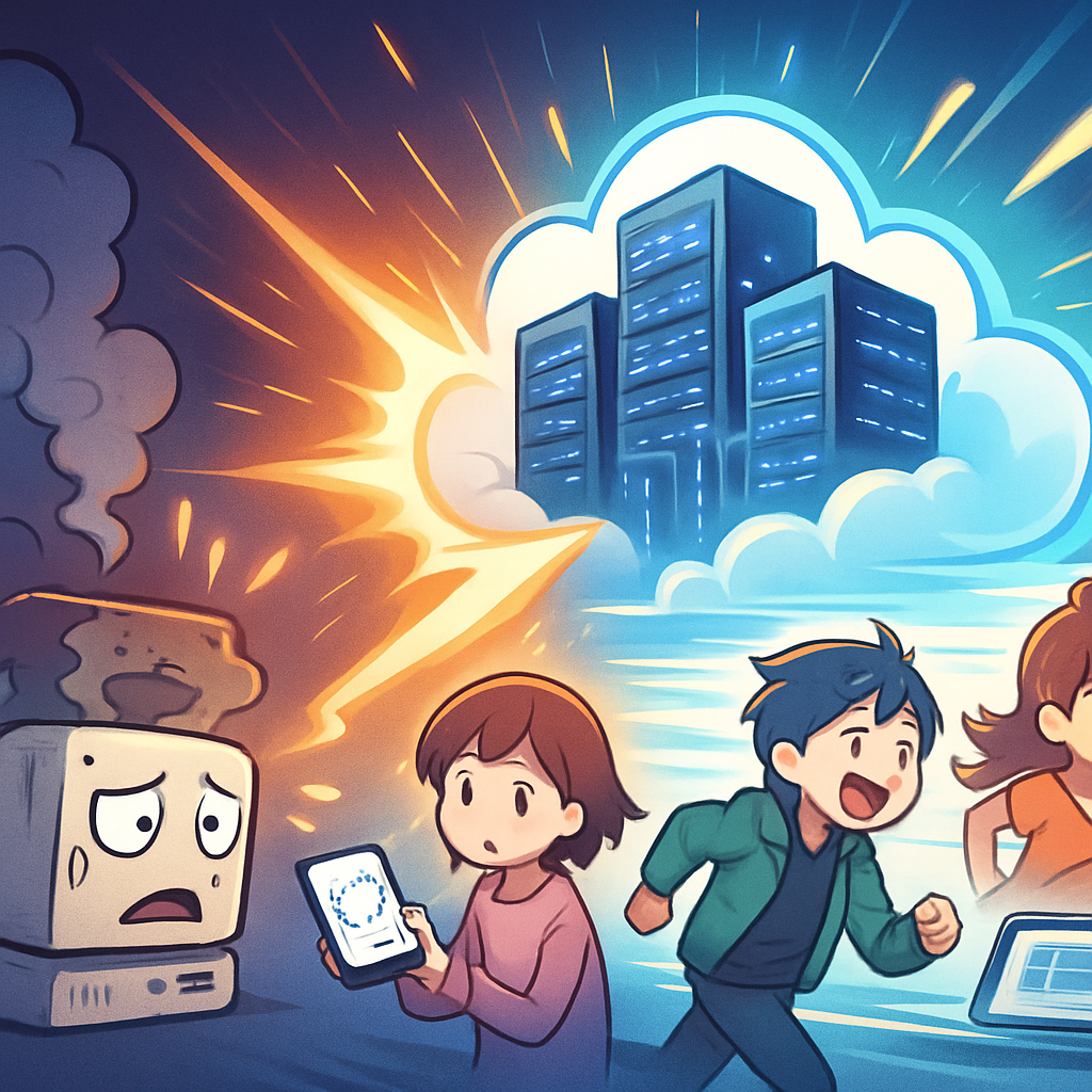 Anime illustratie van een kleine, rokende server die verandert in een stralende, snelle VPS cloud met meerdere onderling verbonden nodes. Gebruikers op de voorgrond ervaren snelle laadtijden.