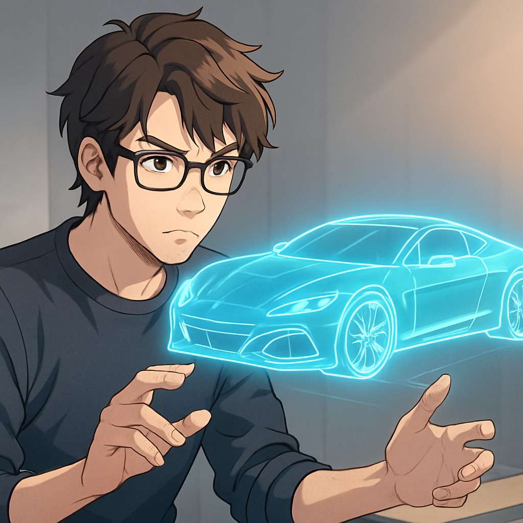 Een anime-illustratie van een mannelijke digitale kunstenaar met bril, die een holografische 3D-model van een futuristische auto manipuleert in een minimalistische studio.
