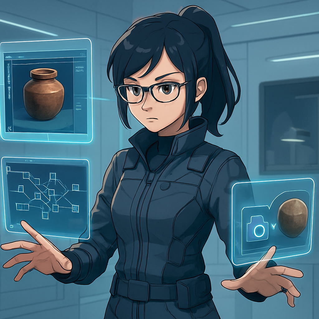 Een anime-stijl illustratie van een technicus die interageert met holografische displays die de Substance 3D-tools en PBR-materialen visualiseren.