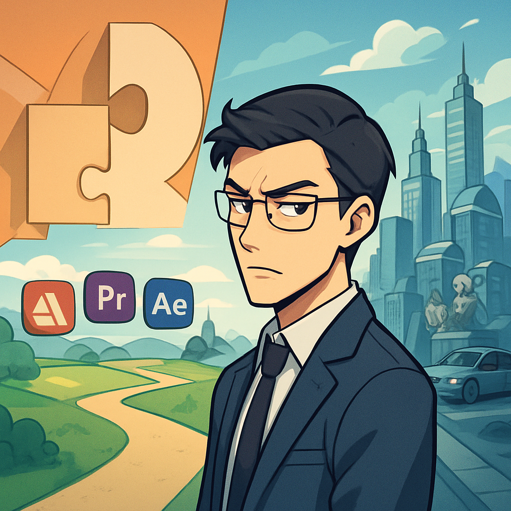 Een anime-stijl illustratie van een persoon die kritisch kijkt naar een kruispunt. Eén pad leidt naar een plat, levendig 2D-landschap met platte iconen, terwijl het andere pad overgaat in een complexe 3D-omgeving. Op de achtergrond is een abstracte weergave van een puzzelstuk dat in een grotere structuur past zichtbaar, symboliserend een strategische overname.