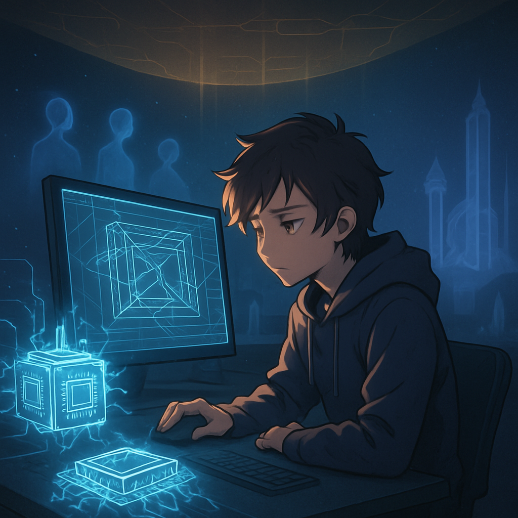 Een anime-stijl illustratie van een vermoeide artiest voor een scherm met 3D-content, omringd door abstracte hardware-elementen en AI-symbolen. Op de achtergrond zijn concurrerende softwarepakketten te zien en boven de artiest zweeft een subtiele energie die abonnementskosten symboliseert.