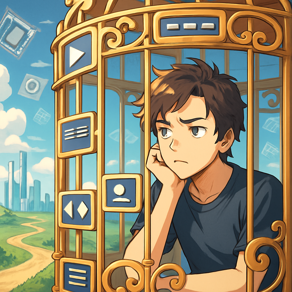 Een anime-stijl illustratie van een videobewerker die vanuit een gouden kooi, die het Adobe-ecosysteem voorstelt, naar een open, dynamisch landschap kijkt, dat alternatieve software en toekomstperspectieven symboliseert. Subtiele hardware-elementen zweven op de achtergrond.