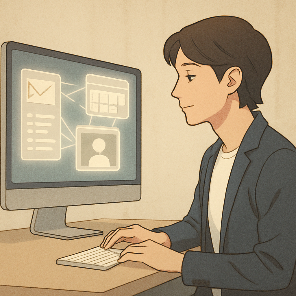 Een rustige, anime-stijl afbeelding van een persoon achter een computer. Het scherm toont geïntegreerde e-mail, agenda en videobellen, verbonden door lichtlijnen, wat naadloze communicatie en organisatie symboliseert.