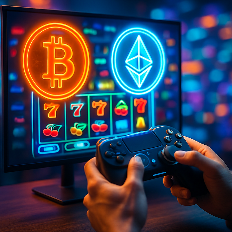 Gaming computer met crypto casino scherm en blockchain symbolen