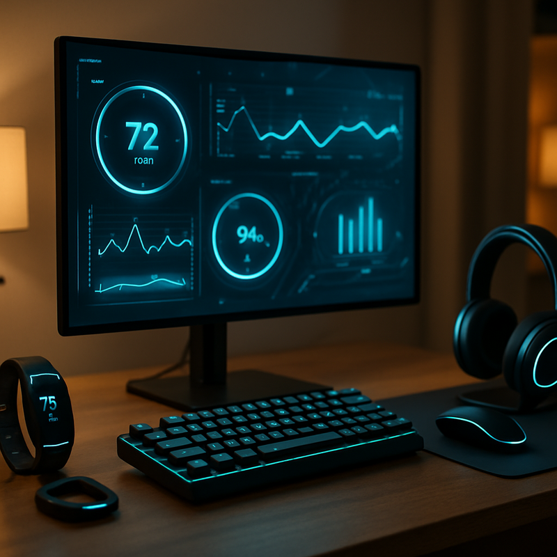 Gaming setup met compacte AI-gebaseerde peripherals en biometrische data op scherm