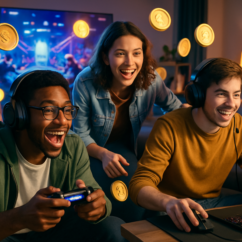 Jonge gamers spelen samen op gamingpc met esports-toernooi op scherm en digitale token symbolen