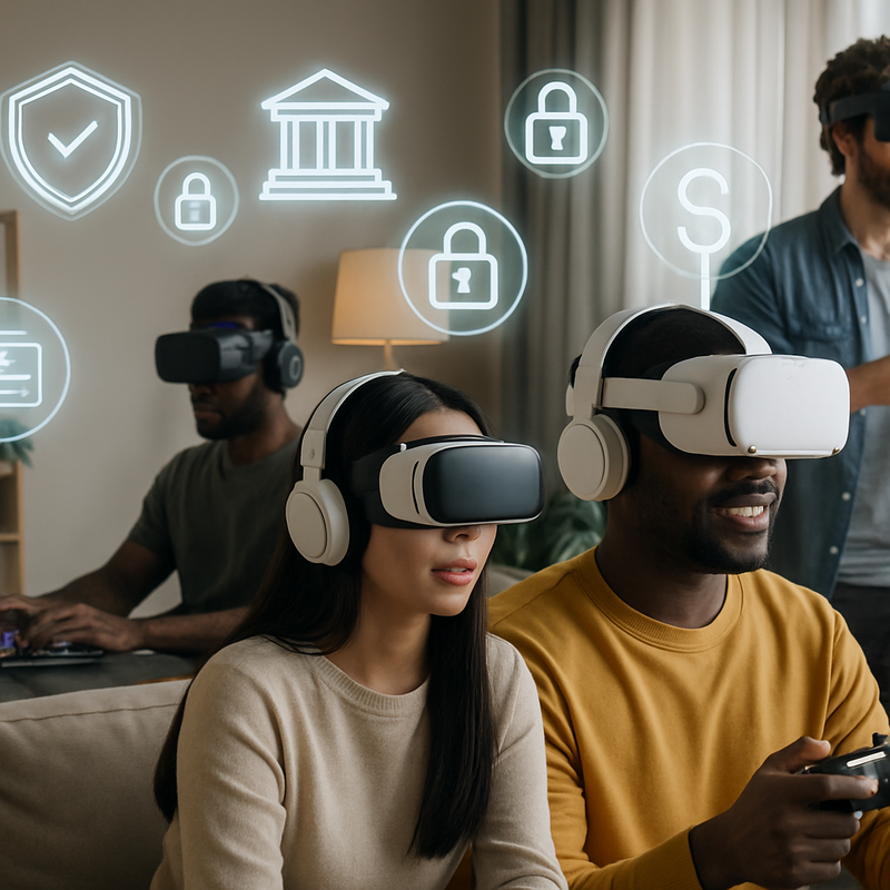 Gamers spelen met moderne hardware en VR met symbolen voor ethiek en data-integriteit