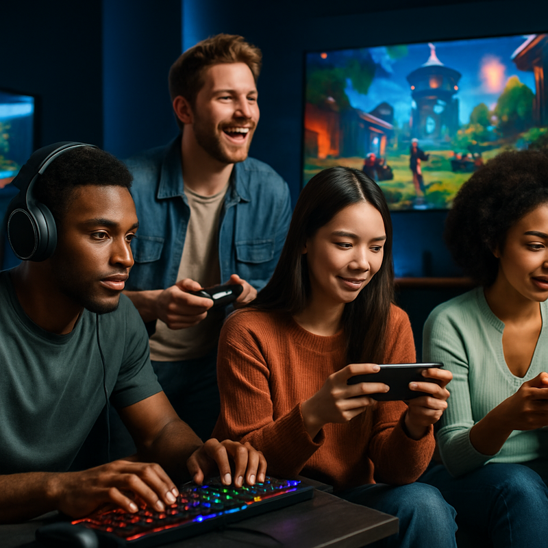 Groep gamers speelt multiplayer games op high-end pc en handheld consoles in een moderne gamingruimte