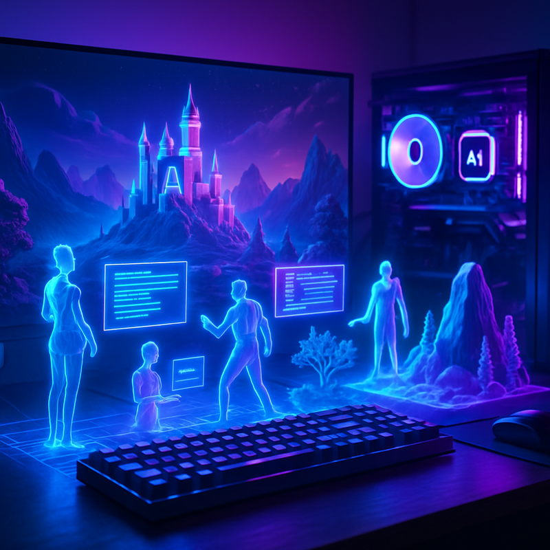 Futuristische gaming computer met AI holografische game-narratieven en 3D werelden.