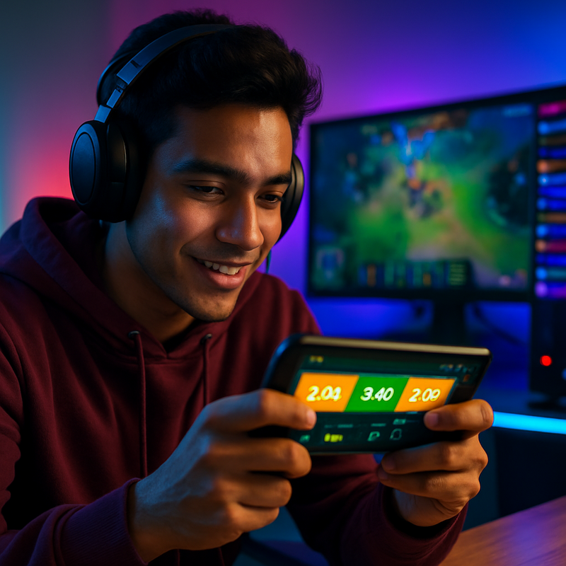 Jonge gamer gebruikt smartphone voor live esports wedden met streaming en realtime odds