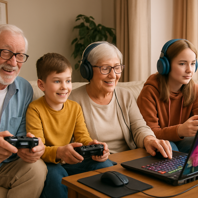 Multi-generatie familie gamend met consoles en laptops, inclusief oudere en jonge spelers, moderne ergonomische accessoires.