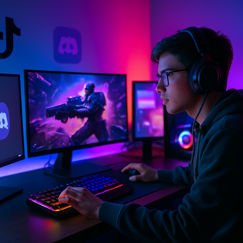 Jongere met kleurrijke gaming-pc en sociale media iconen op schermen