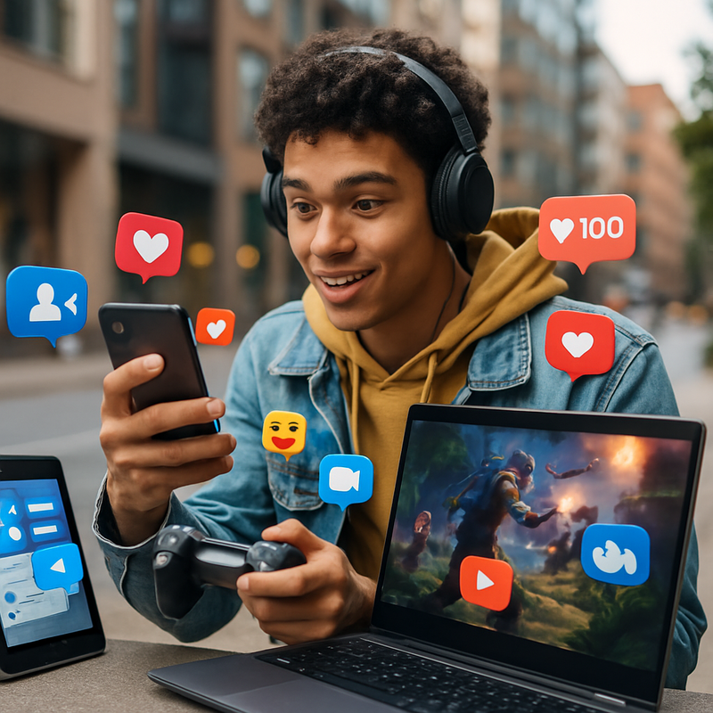 Jonge gamer gebruikt social media en spelapparatuur voor interactieve marketing en slimme deals