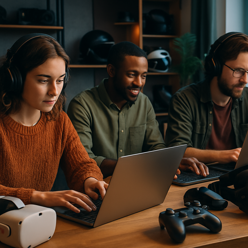 Indie-gameontwikkelaars werken in een studio met gaming hardware en VR-gadgets