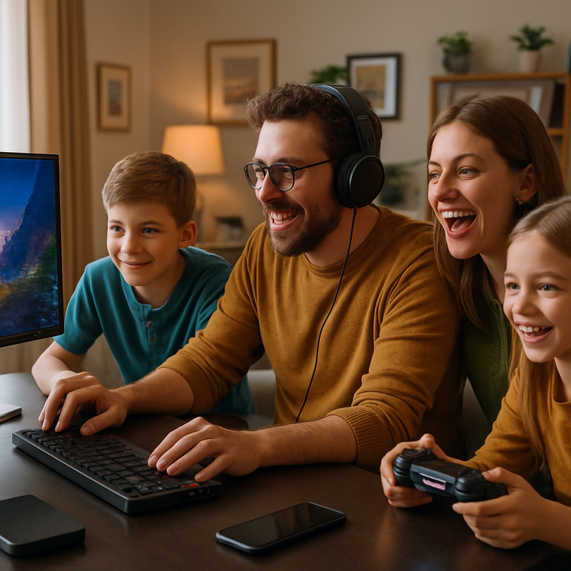 Gezin speelt samen op een gaming-pc met moderne gadgets in een gezellige woonkamer