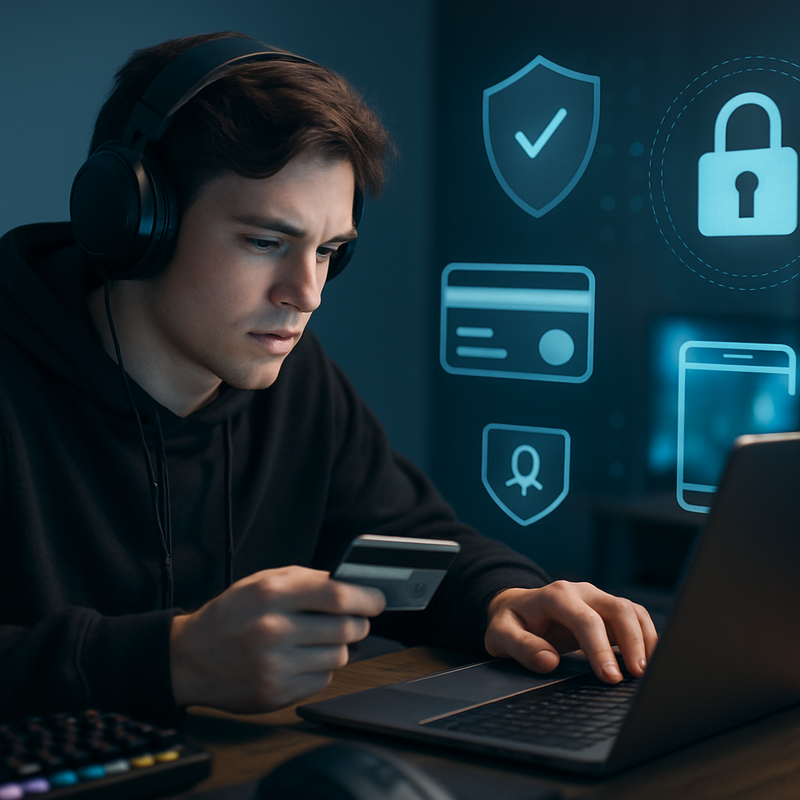 Gamer die veilig online betaalt via laptop met digitale beveiligingssymbolen zichtbaar