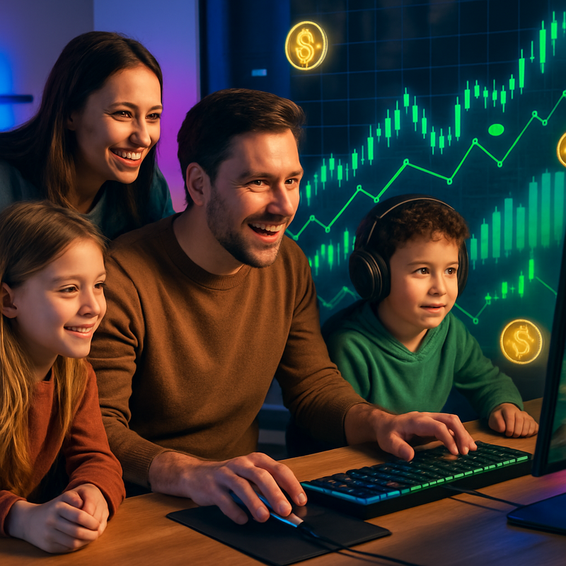 Familie speelt samen op een moderne gaming-pc met digitale grafieken en tokens die financiële winst tonen