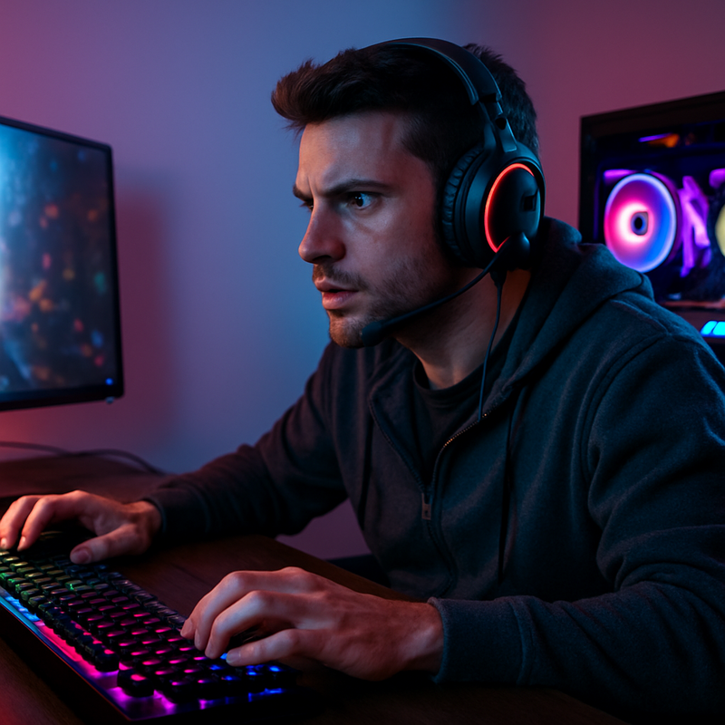 Gamer aan high-end pc met headset en kleurrijke LED verlichting