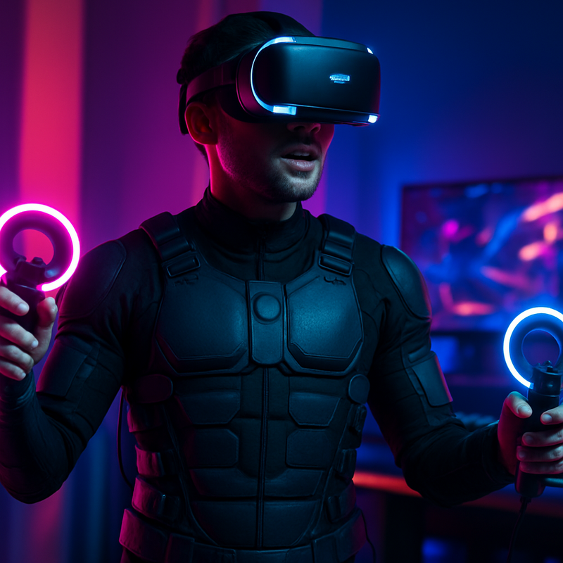 Gamer draagt een haptisch pak met VR-controllers in geavanceerde game-omgeving