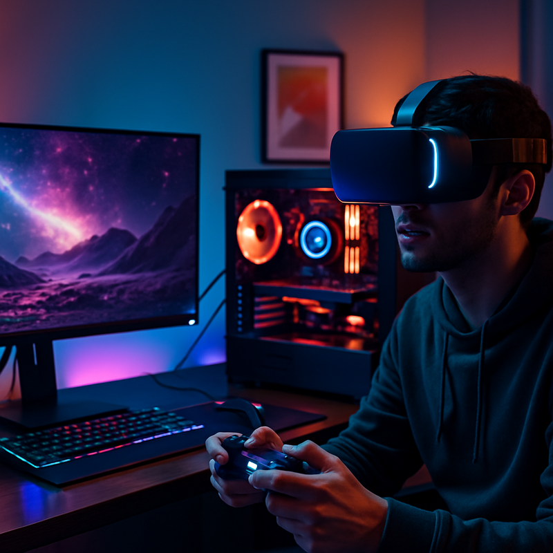 Gamer draagt VR headset voor next-gen gaming met moderne computer en accessoires